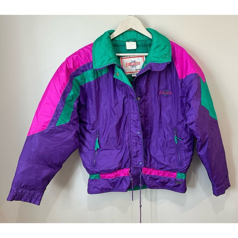 Edelweiss Retro 80’s Ski Jacket color Block Purple/pink/teal Women’s Size Large